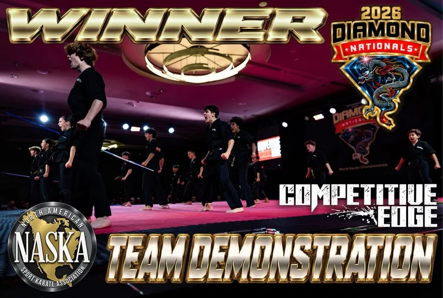 Competitive Edge celebrating its Class AA Team Demonstration win at the 2026 Diamond Nationals; official NASKA collaboration, photography by Shannon Marie Sports